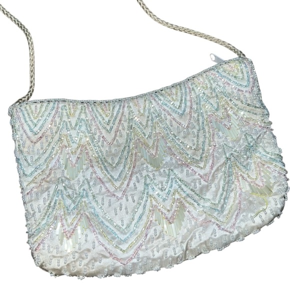 Vintage Mini Beaded Bag Cream with Pastel Beads Satin Lined 8”x5” - Picture 1 of 8